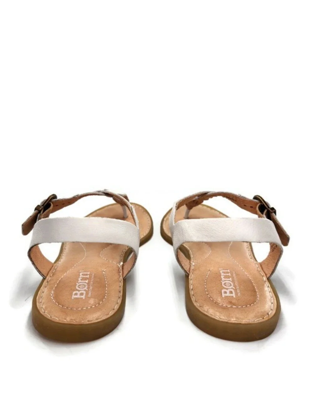Born Lake White Leather Braided T-Strap T-Post Slingback Buckle Flat Sandals